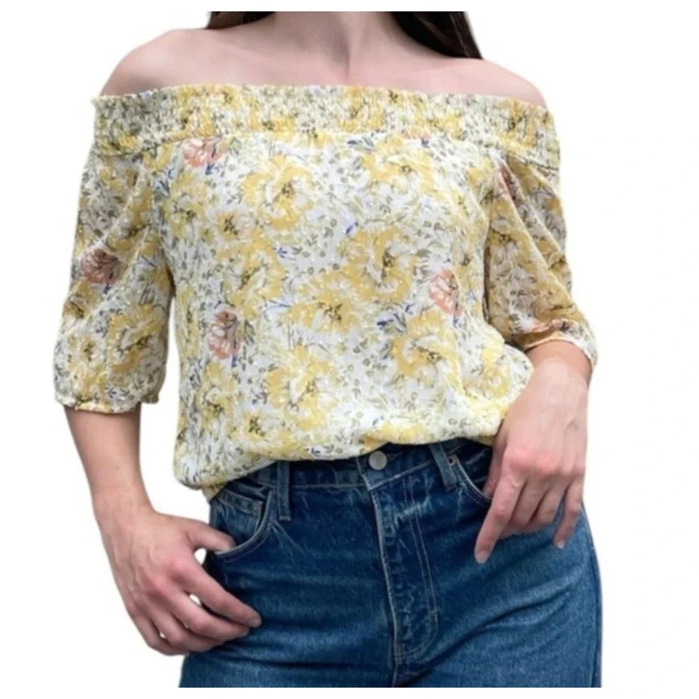 Joie Womens Blouse White Yellow Floral Half Sleeve Smocked Off Shoulder Size M
